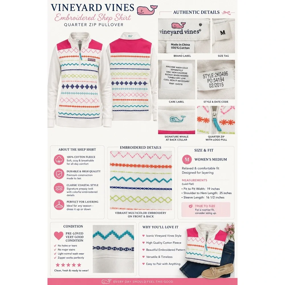 Vineyard Vines Women's Medium Embroidered Shep Shirt Quarter Zip Coastal Prep - Picture 6 of 16
